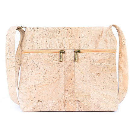 Beige cork handbag with gold zipper on a white background