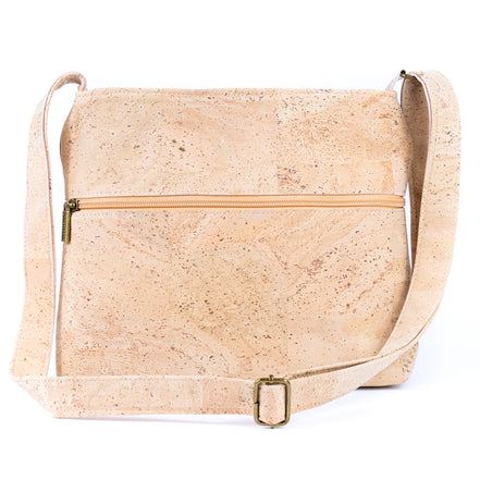 Back view of natural cork handbag with zipper pocket
