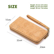 Stay stylish and organized with this natural cork vegan wallet featuring 8 card slots, 2 slip pockets, a zip coin pouch, and a wristlet.