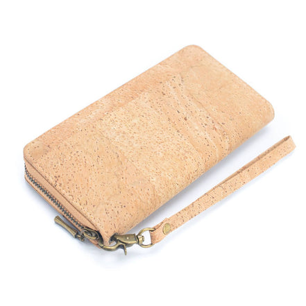 Stay stylish and organized with this natural cork vegan wallet featuring 8 card slots, 2 slip pockets, a zip coin pouch, and a wristlet.