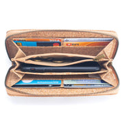 Stay stylish and organized with this natural cork vegan wallet featuring 8 card slots, 2 slip pockets, a zip coin pouch, and a wristlet.