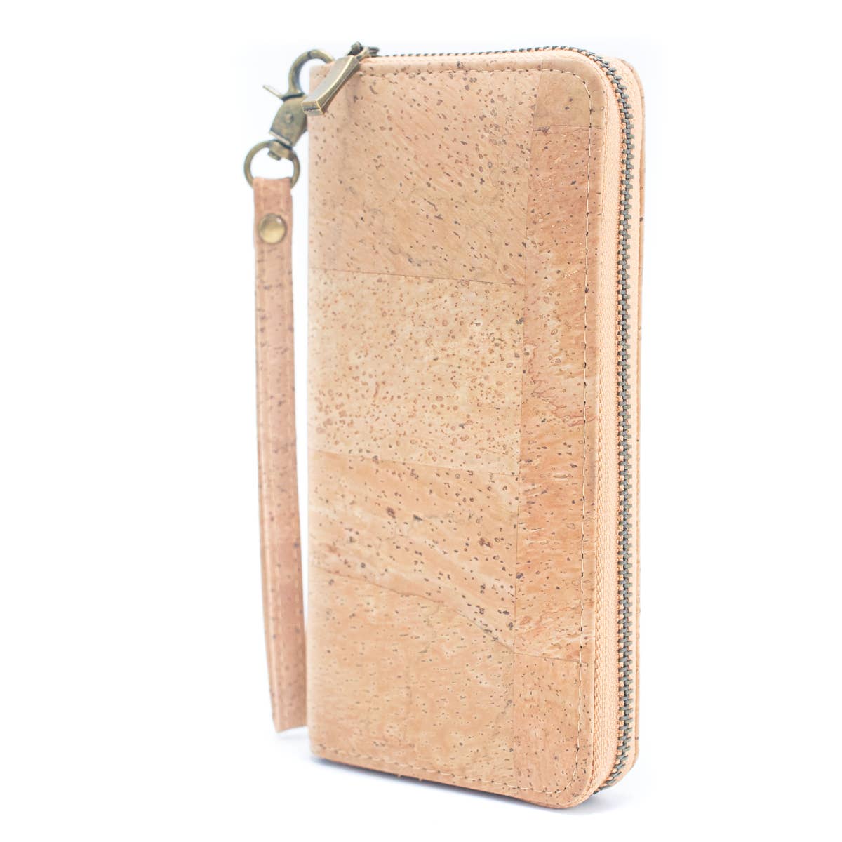 Stay stylish and organized with this natural cork vegan wallet featuring 8 card slots, 2 slip pockets, a zip coin pouch, and a wristlet.