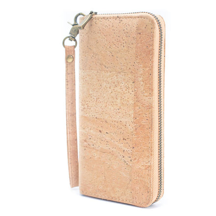 Stay stylish and organized with this natural cork vegan wallet featuring 8 card slots, 2 slip pockets, a zip coin pouch, and a wristlet.