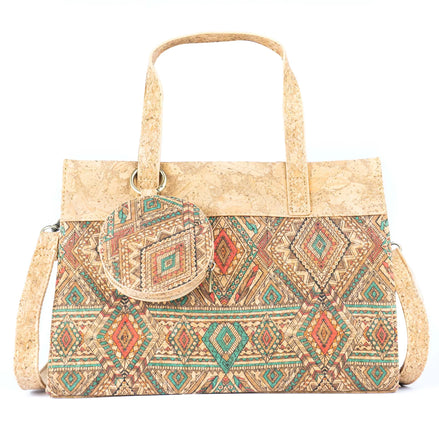Western print cork handbag with coin purse, front view, PETA-approved vegan material
