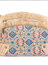 Front view of natural cork crossbody bag with colorful tile pattern and triple zipper design