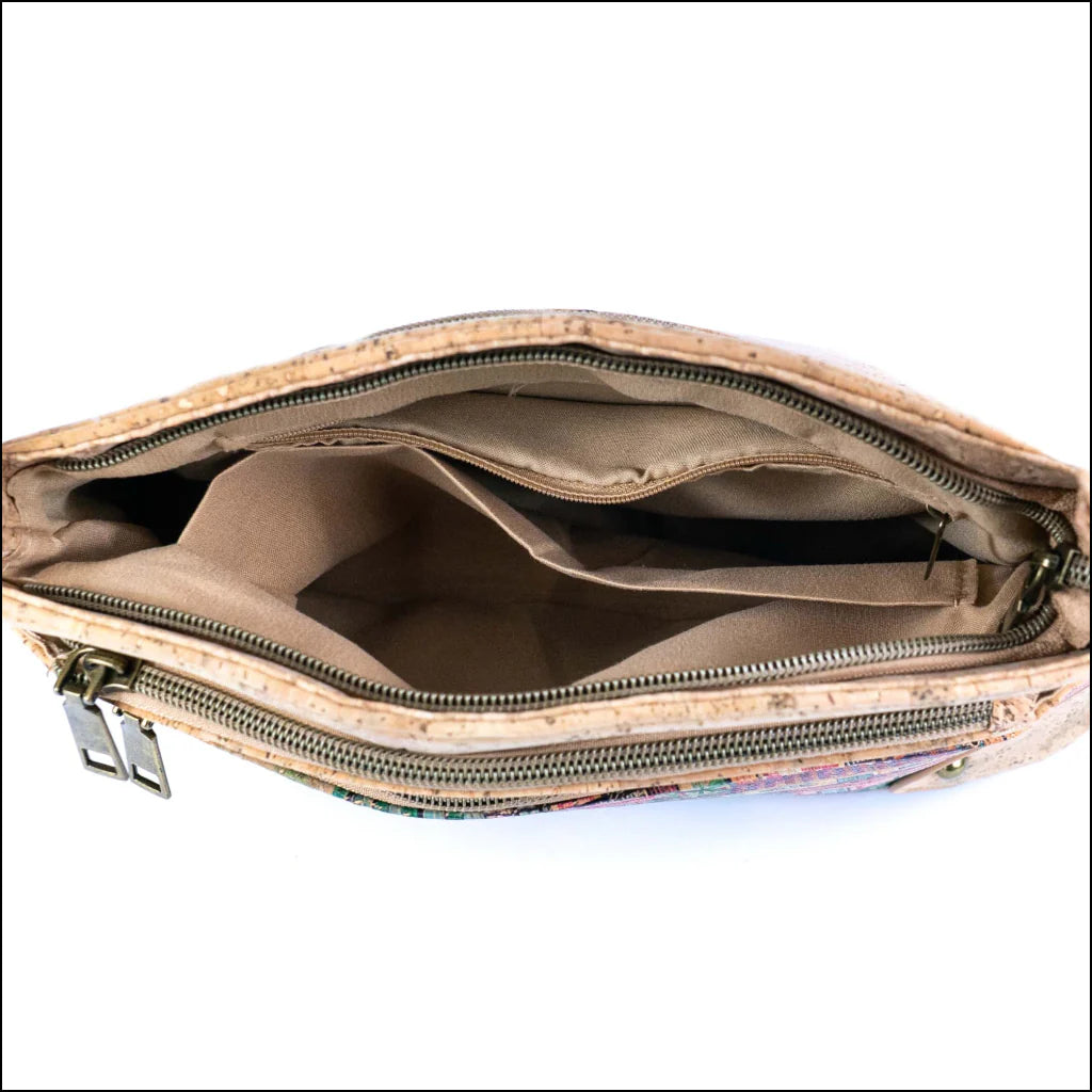 Interior view of cork crossbody bag showing multiple compartments and zipper pocket