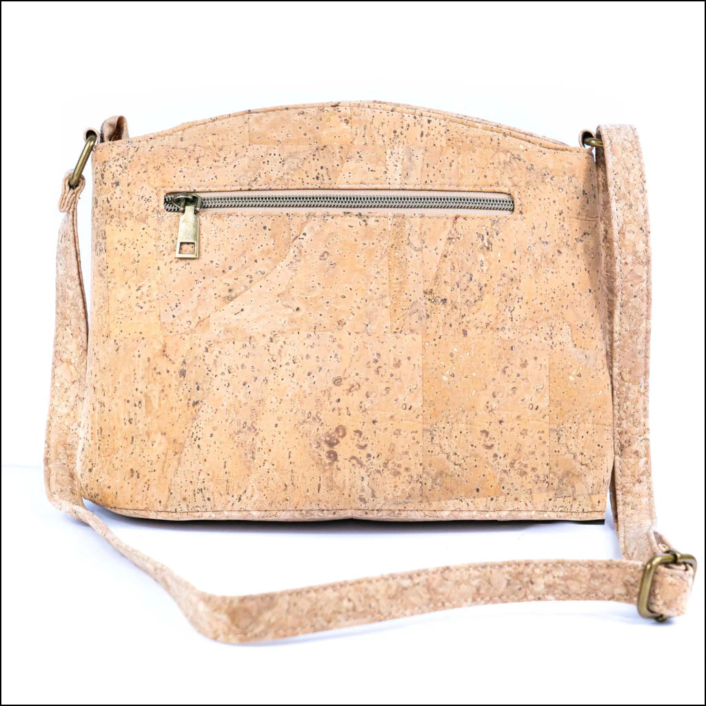 Back view of natural cork crossbody bag with concealed zipper pocket