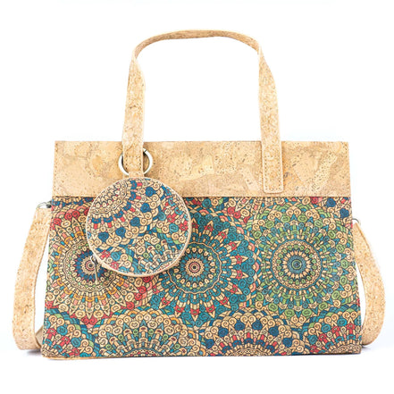 Mandala print cork handbag with coin purse, front view, PETA-approved vegan material