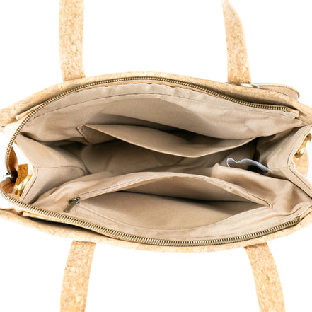 Interior of mandala cork handbag showing pockets and spacious compartments