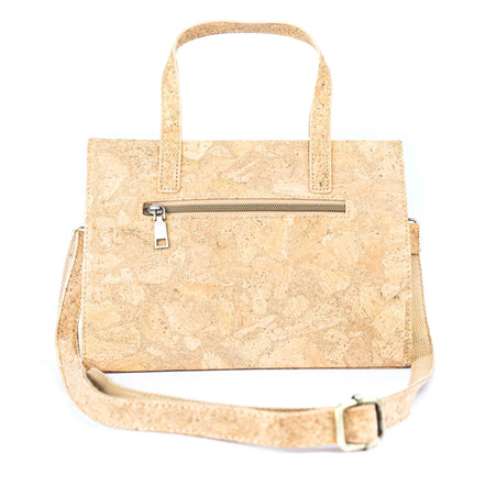 Back of natural cork handbag with zipper pocket and adjustable strap