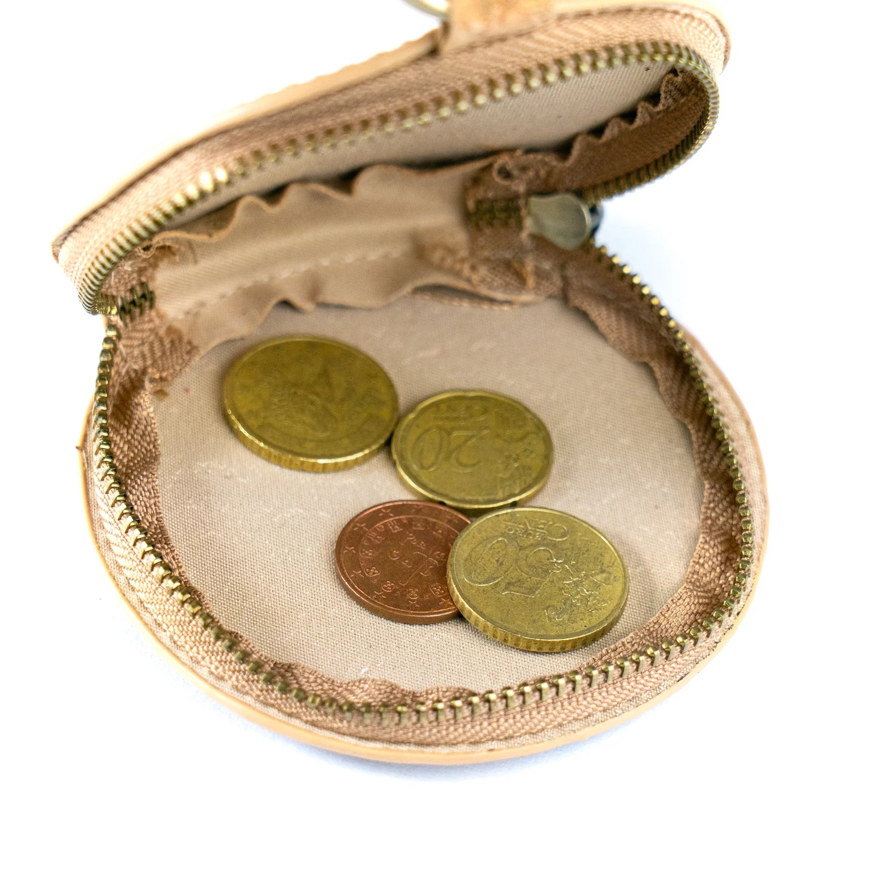 Round detachable cork coin purse open with coins inside