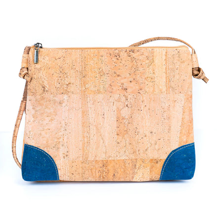 Natural cork crossbody bag with blue accented corners, front view