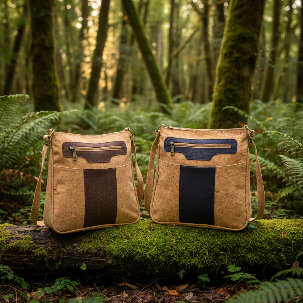 Two cork crossbody bags with nature background