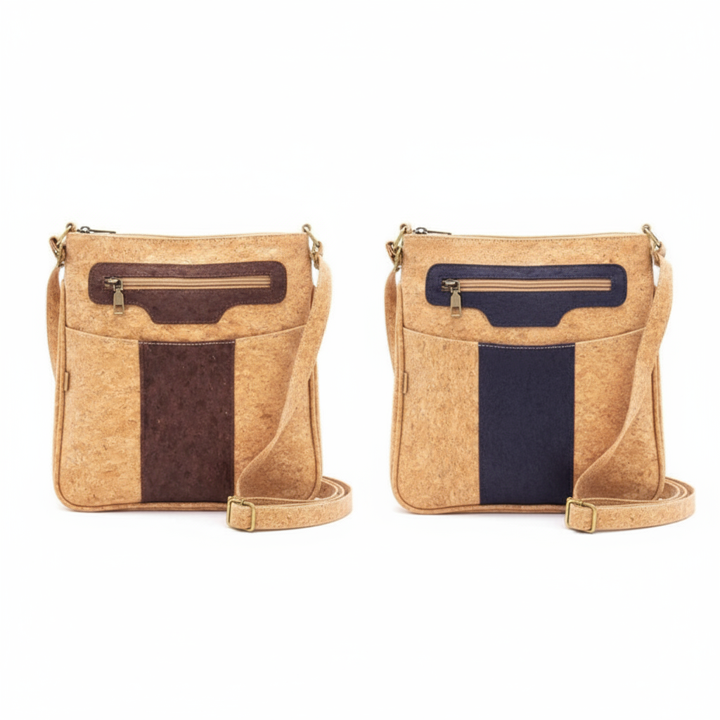 Two cork crossbody bags on white background