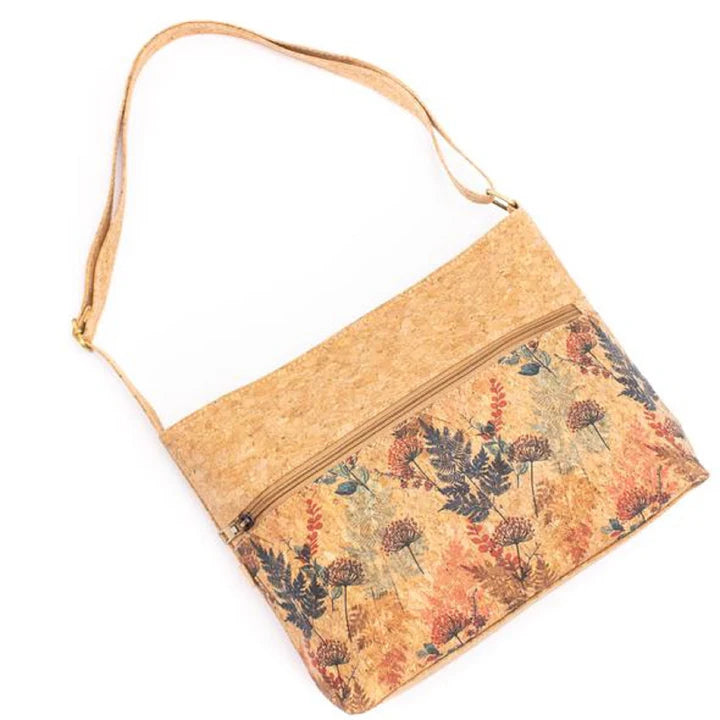 Autumn Meadow Floral vegan cork shoulder bag with nature inspired print ‚Äî front view