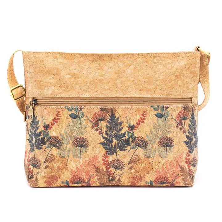 Cork bag with floral pattern on a beige background
