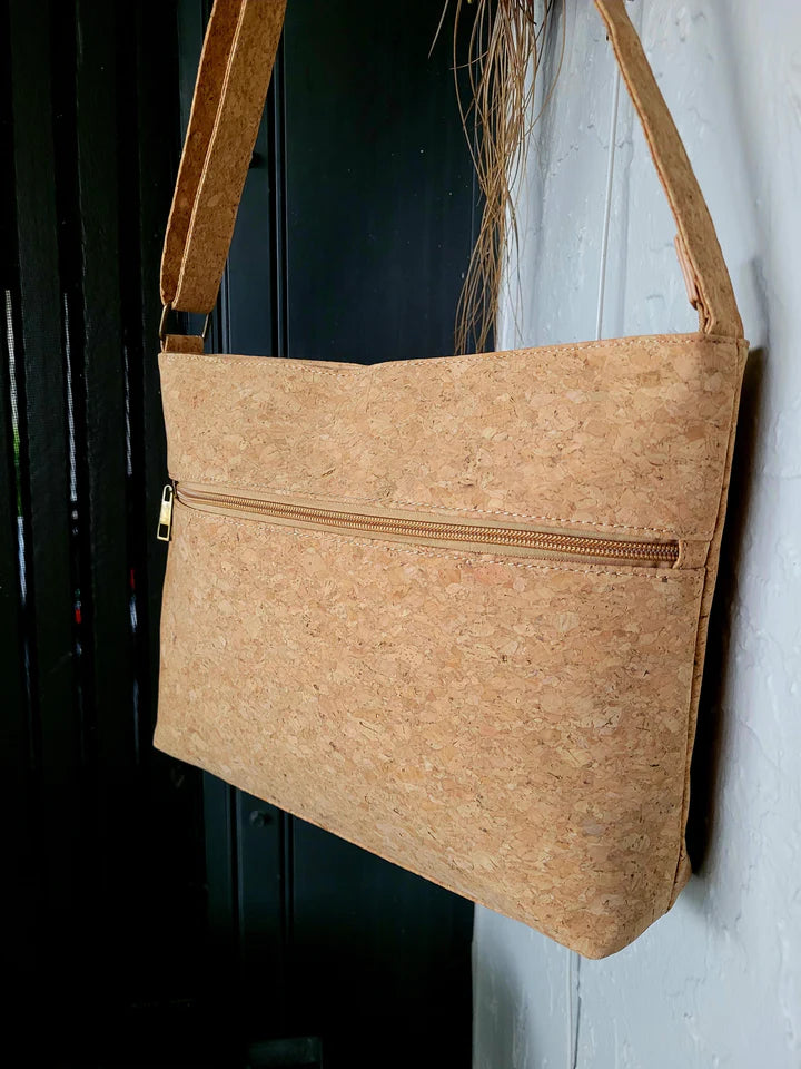 Large natural cork crossbody shoulder bag with front zipper pocket