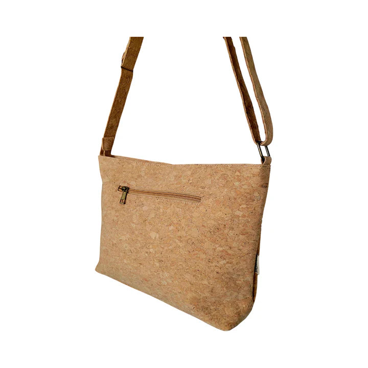 Back view of cork shoulder bag with secure zipper pocket and clean stitching
