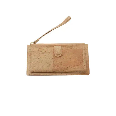 Natural cork phone wallet wristlet with strap shown closed