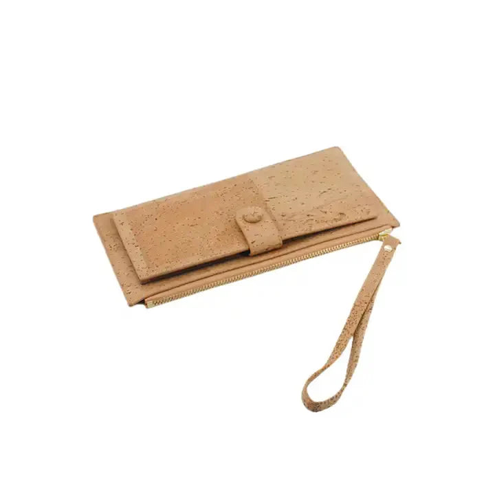 Minimalist cork wristlet wallet angled view