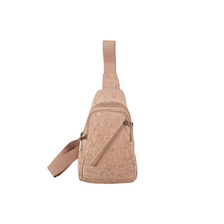 Natural cork sling bag front view with zipper front pocket