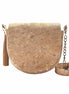 Natural cork crossbody bag with gold flake finish, front view with tassel and detachable strap.