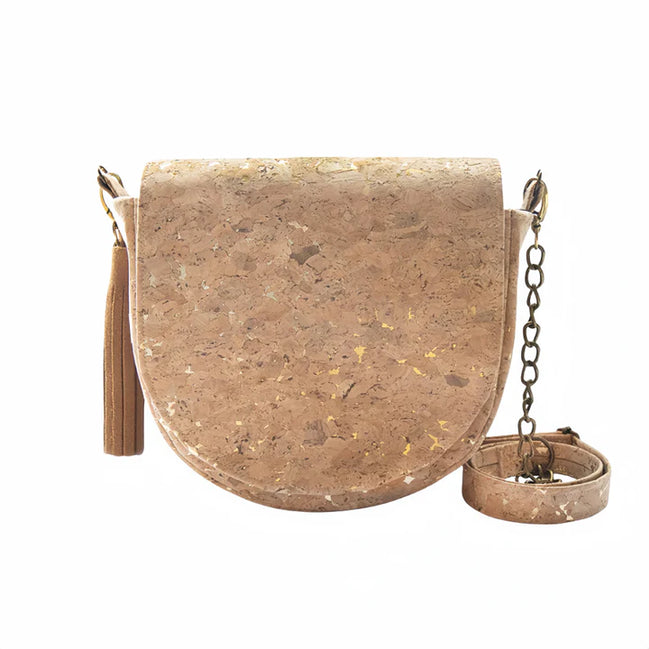 Natural cork crossbody bag with gold flake finish, front view with tassel and detachable strap.