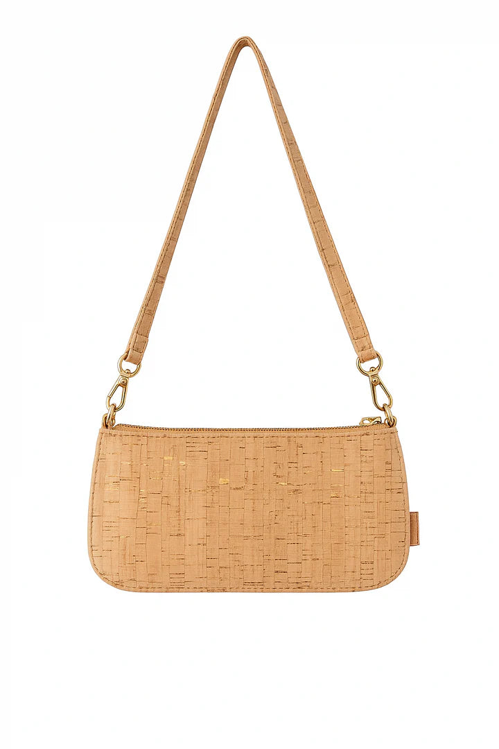 Cork shoulder bag with gold flakes and detachable strap ‚Äì front view