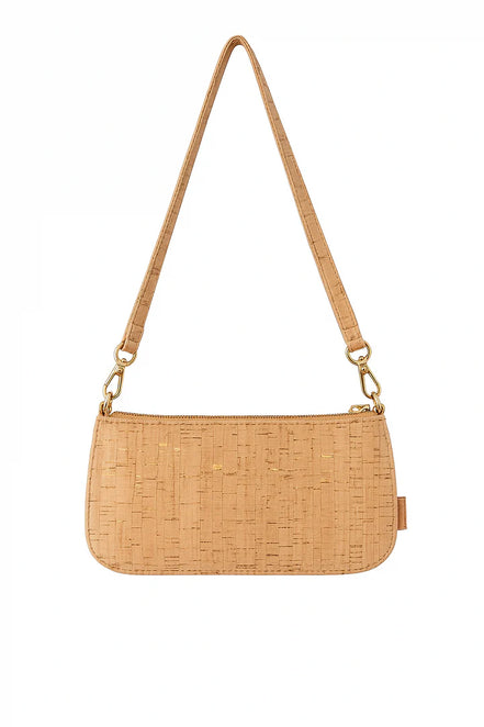 Cork shoulder bag with gold flakes and detachable strap ‚Äì front view