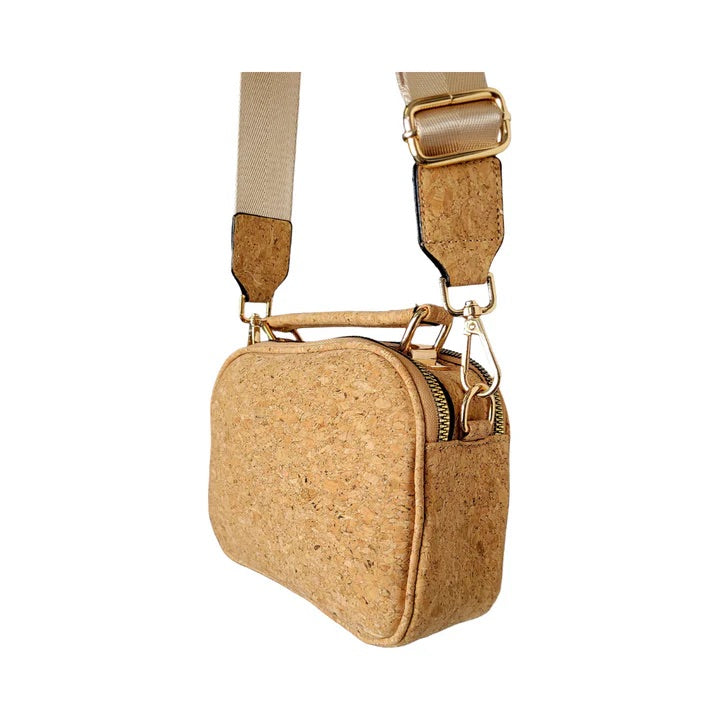 Sustainable cork handbag with top handle and adjustable strap attachment