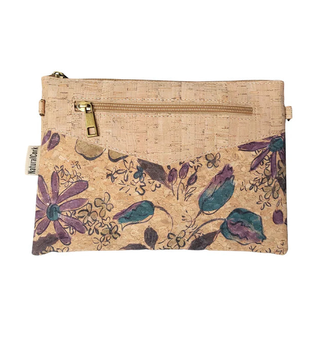 Purple floral cork crossbody and clutch with zipper pocket, vegan sustainable bag