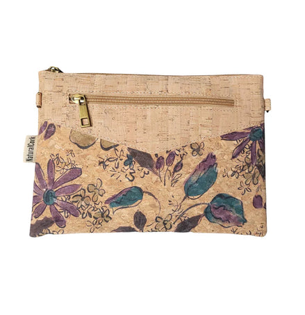 Purple floral cork crossbody and clutch with zipper pocket, vegan sustainable bag