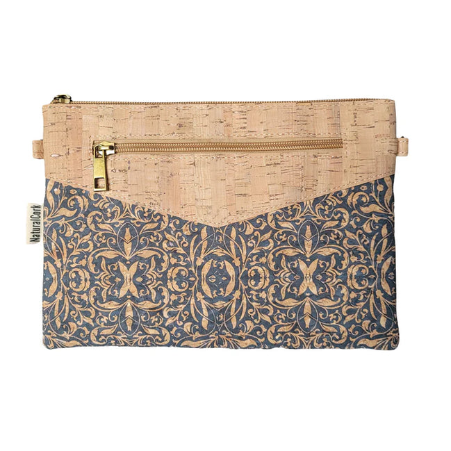 Cork crossbody clutch with Blue Porto pattern and front zipper pocket