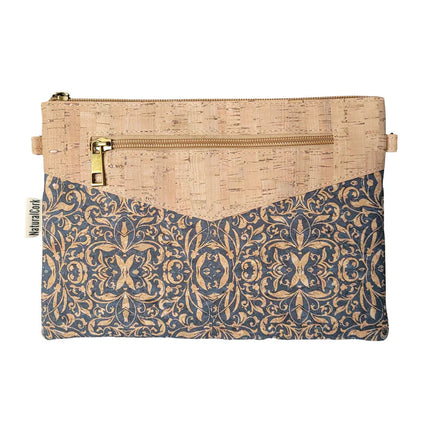 Cork crossbody clutch with Blue Porto pattern and front zipper pocket