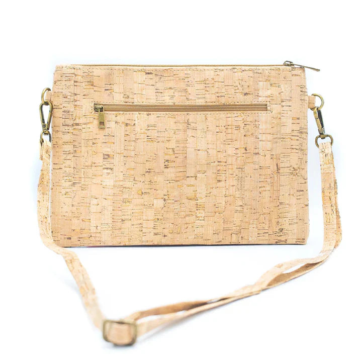 Natural cork clutch bag with detachable strap and back zipper pocket
