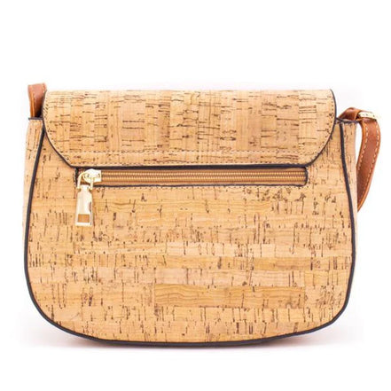 Back view of cork handbag with exterior zipper pocket