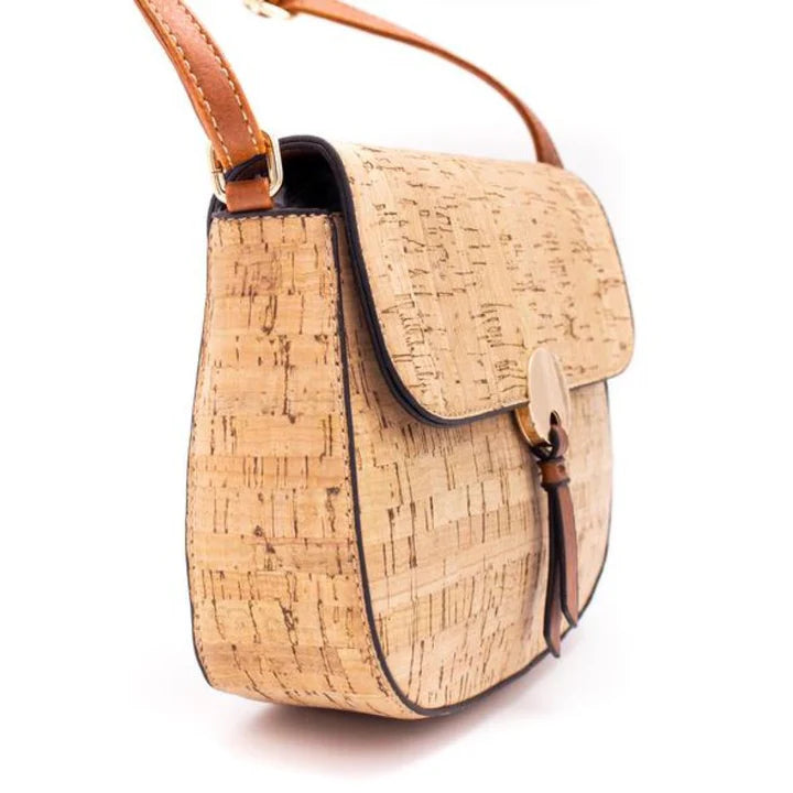 Side profile of vegan cork purse showing stitching and leather-style trim