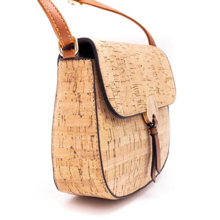 Side profile of vegan cork purse showing stitching and leather-style trim