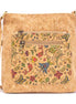 Songbird Garden vegan cork crossbody bag with floral bird design ‚Äî front view