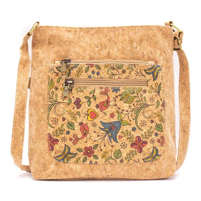Songbird Garden vegan cork crossbody bag with floral bird design ‚Äî front view