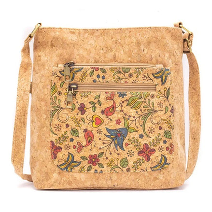 Songbird Garden vegan cork crossbody bag with floral bird design ‚Äî front view