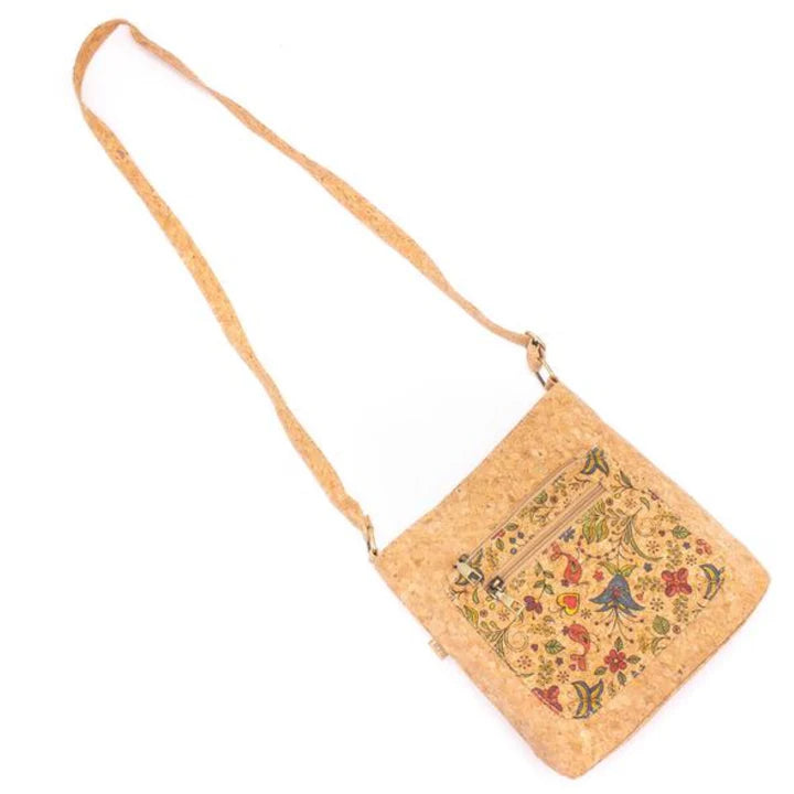 Adjustable strap vegan cork crossbody purse ‚Äî Songbird Garden floral design