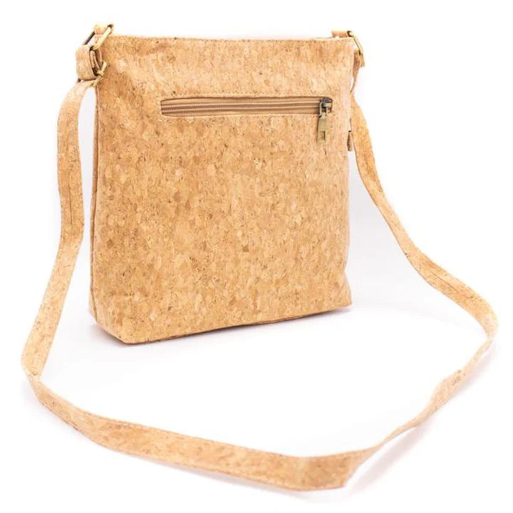 Natural cork back of Songbird Garden vegan crossbody purse with zipper pocket