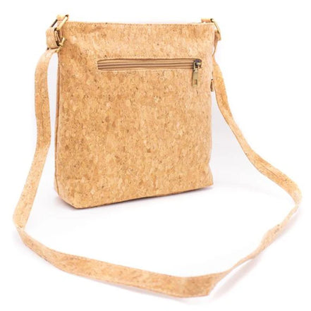 Natural cork back of Songbird Garden vegan crossbody purse with zipper pocket