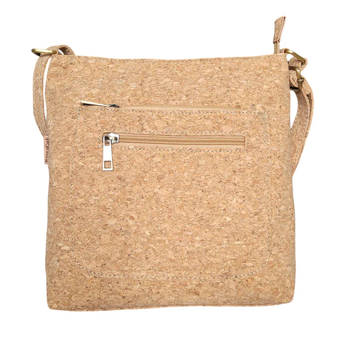 Natural cork back of Songbird Garden vegan crossbody purse with zipper pocket