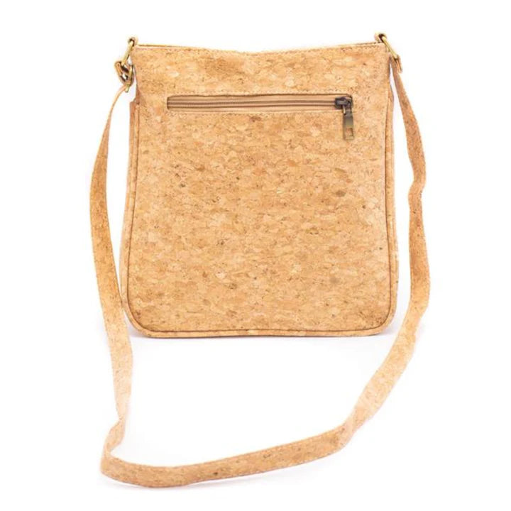 Back view of brown and beige cork crossbody bag with zipper pocket.