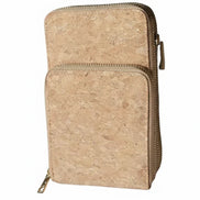 Natural cork crossbody phone bag with triple zipper design front view