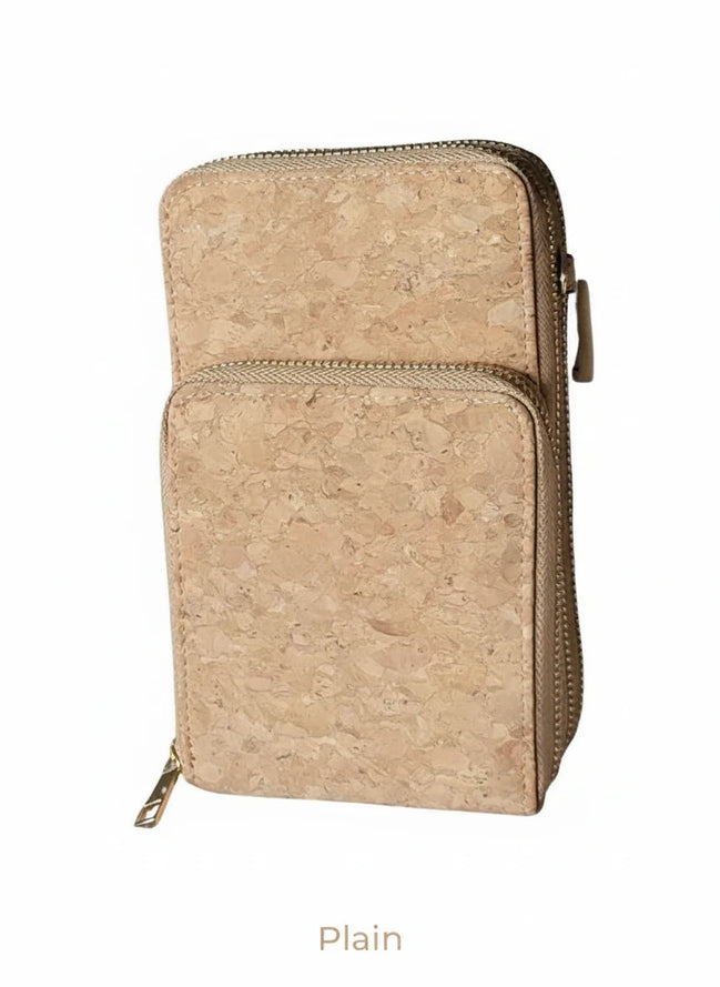 Natural cork crossbody phone bag with triple zipper design front view