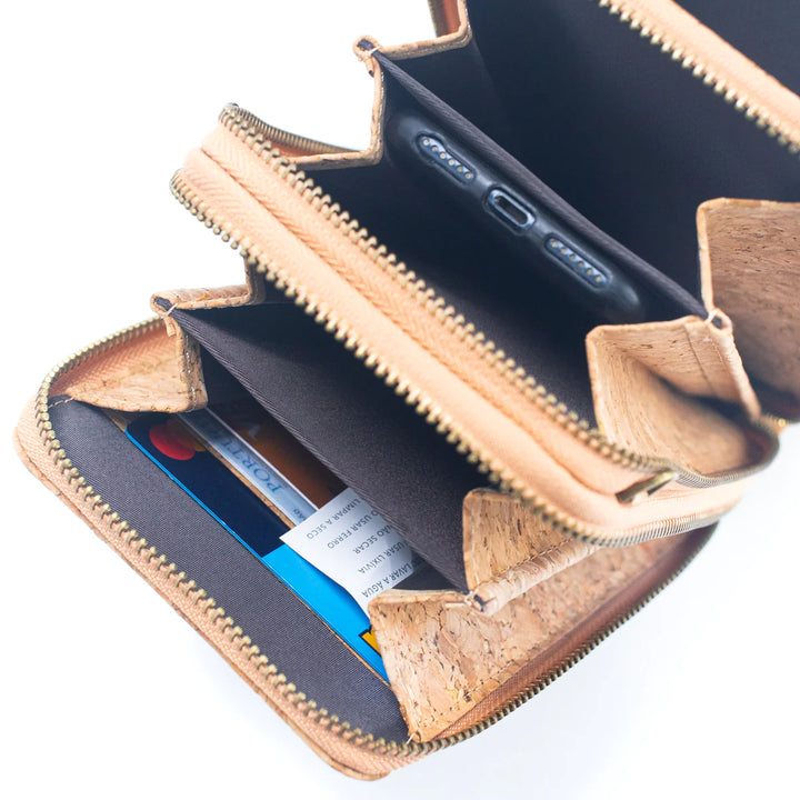 Close-up of cork bag showing card slots and phone compartment