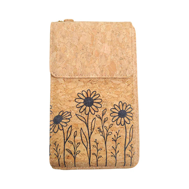 Daisy Meadow cork phone wallet crossbody with floral daisy pattern ‚Äî front view